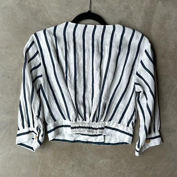 ZARA linen stripe nautical long sleeve V neck top with gold buttons - Picture 4 of 4